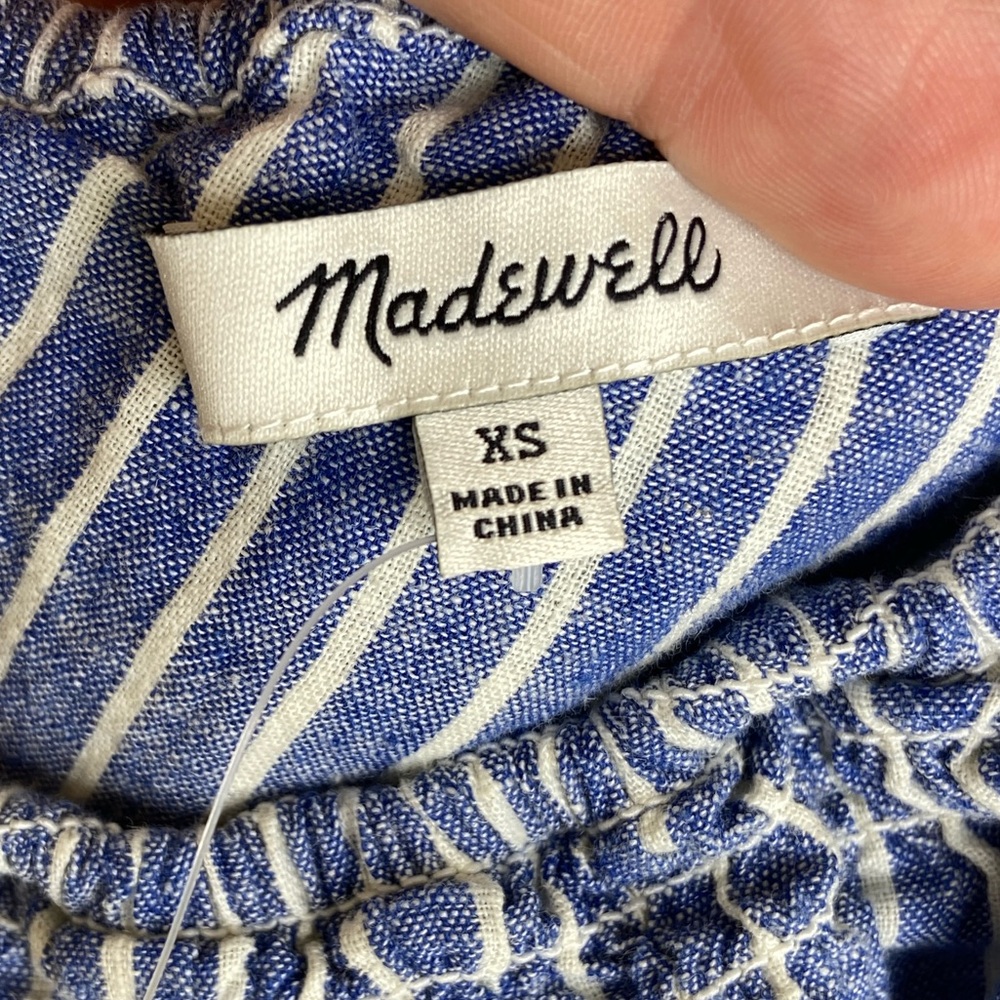 Madewell One-Shoulder Blue White stripe Linen Blend dress sz XS EUC - Picture 3 of 5